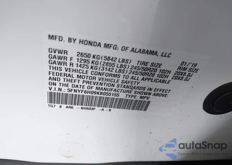 2019 Honda Pilot Elite z USA, uszkodzony, nr VIN 5FNYF6H09KB055155